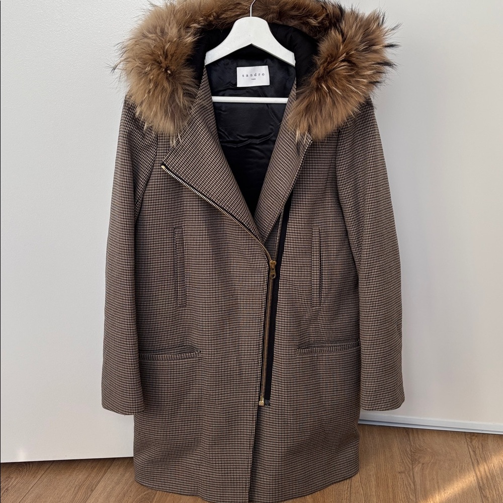 Sandro Brown Trench Coat with Fur Hood-36